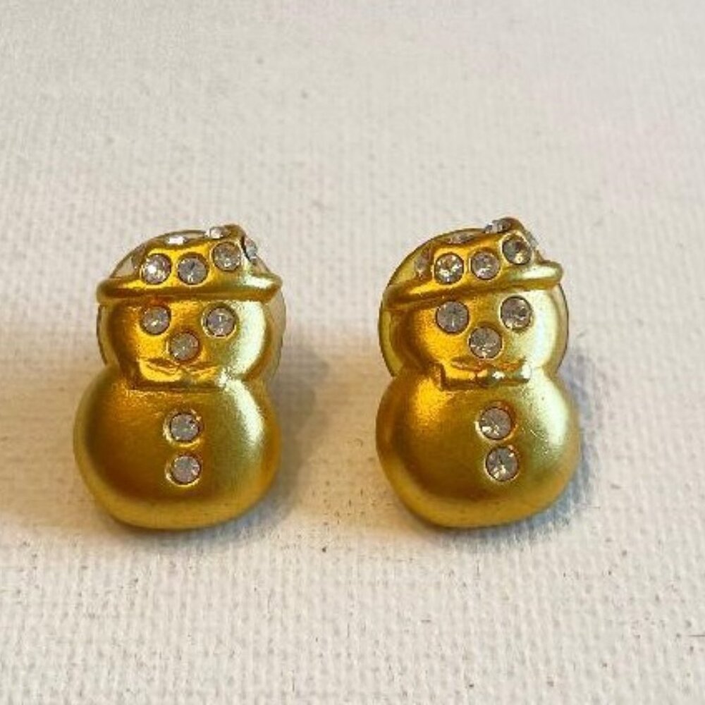 Gold Tone Snowman Earrings with Rhinestones